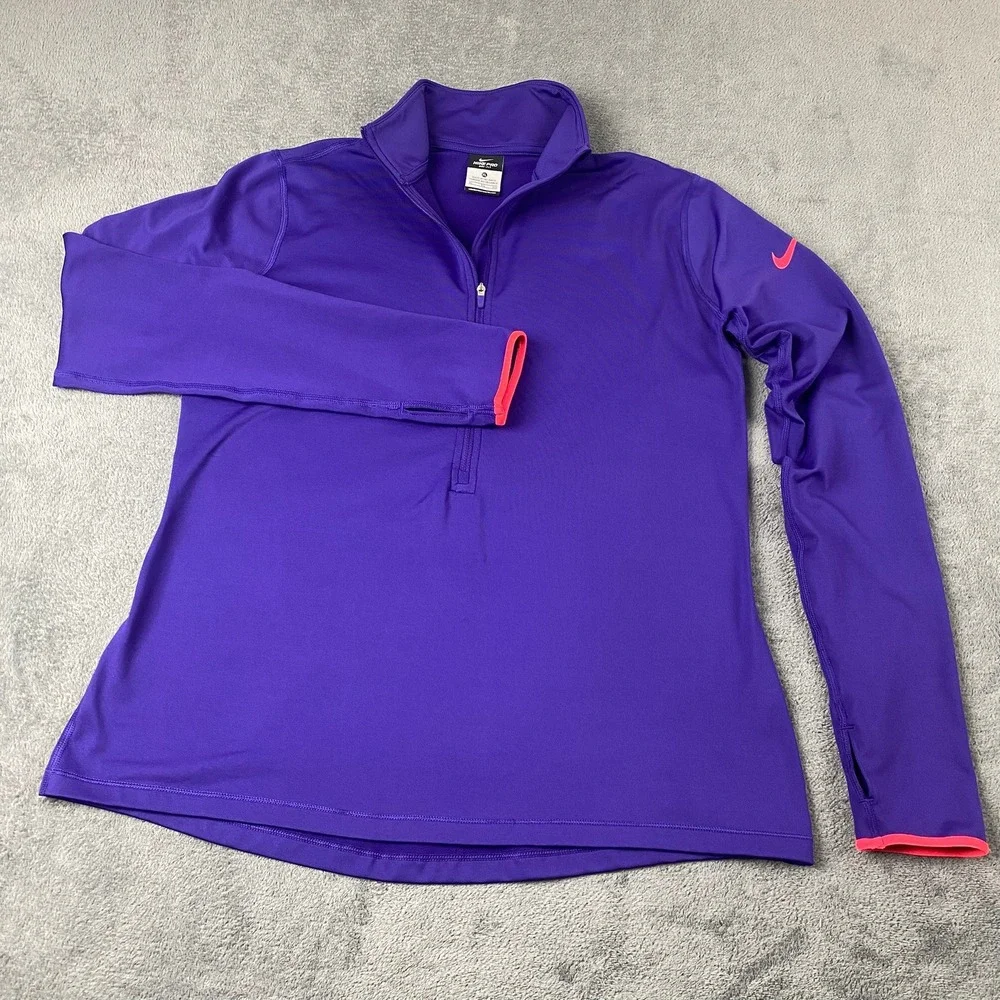 Nike Womens XL Quarter Zip Pullover Purple Dri-FIT Long Sleeve Thumbholes